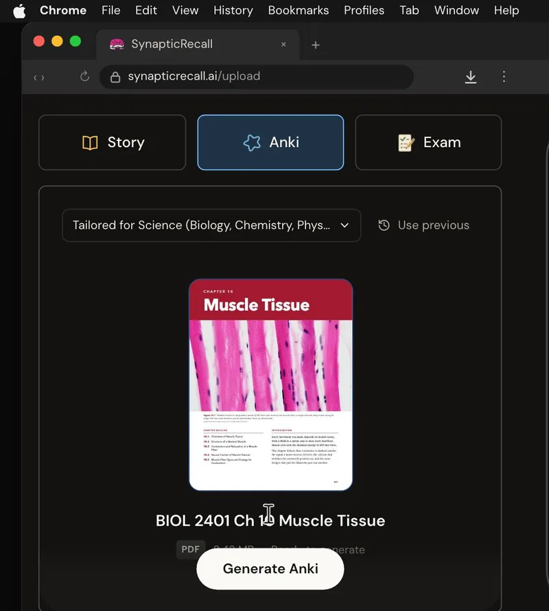The upload page tailored for Biology, with a lecture PDF dropped in and the Anki deck selected