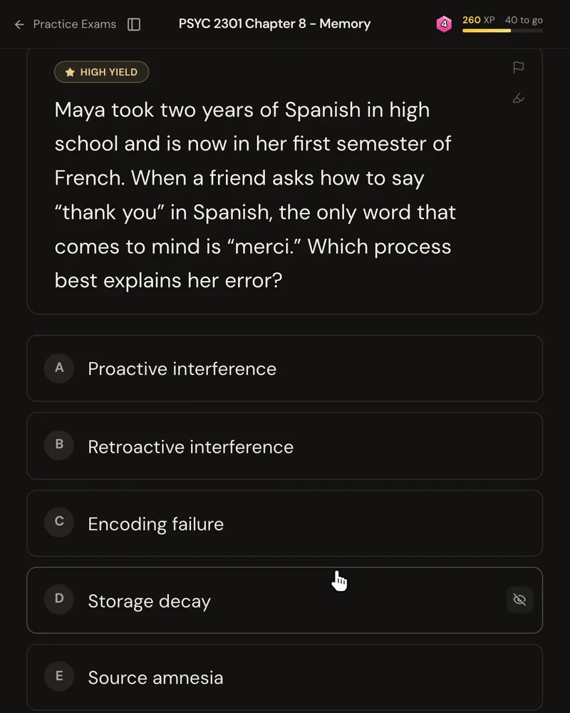 An exam-style question from a psychology textbook chapter: after two years of Spanish and one semester of French, Maya can only think of “merci” when asked how to say “thank you” in Spanish, and the question asks which process best explains her error, with five answer options