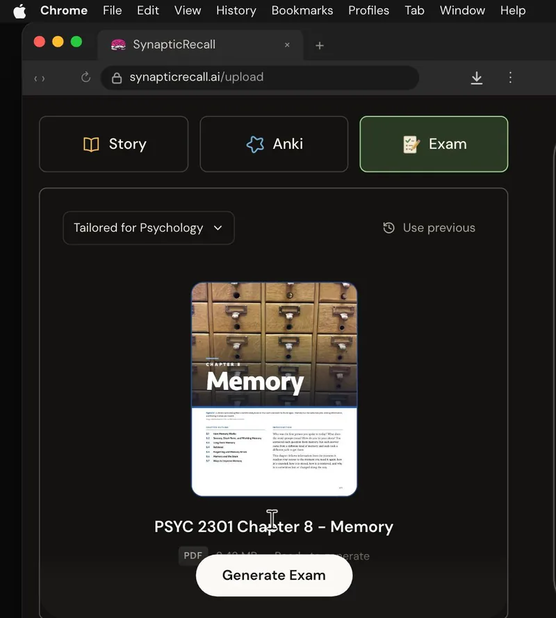The upload page tailored for Psychology, with a lecture PDF dropped in and the Exam selected