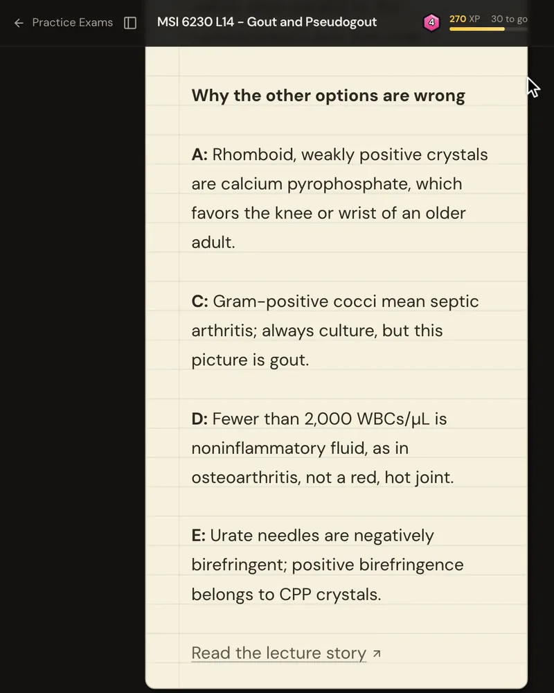 The explanation’s “Why the other options are wrong” list, one reason for each wrong option