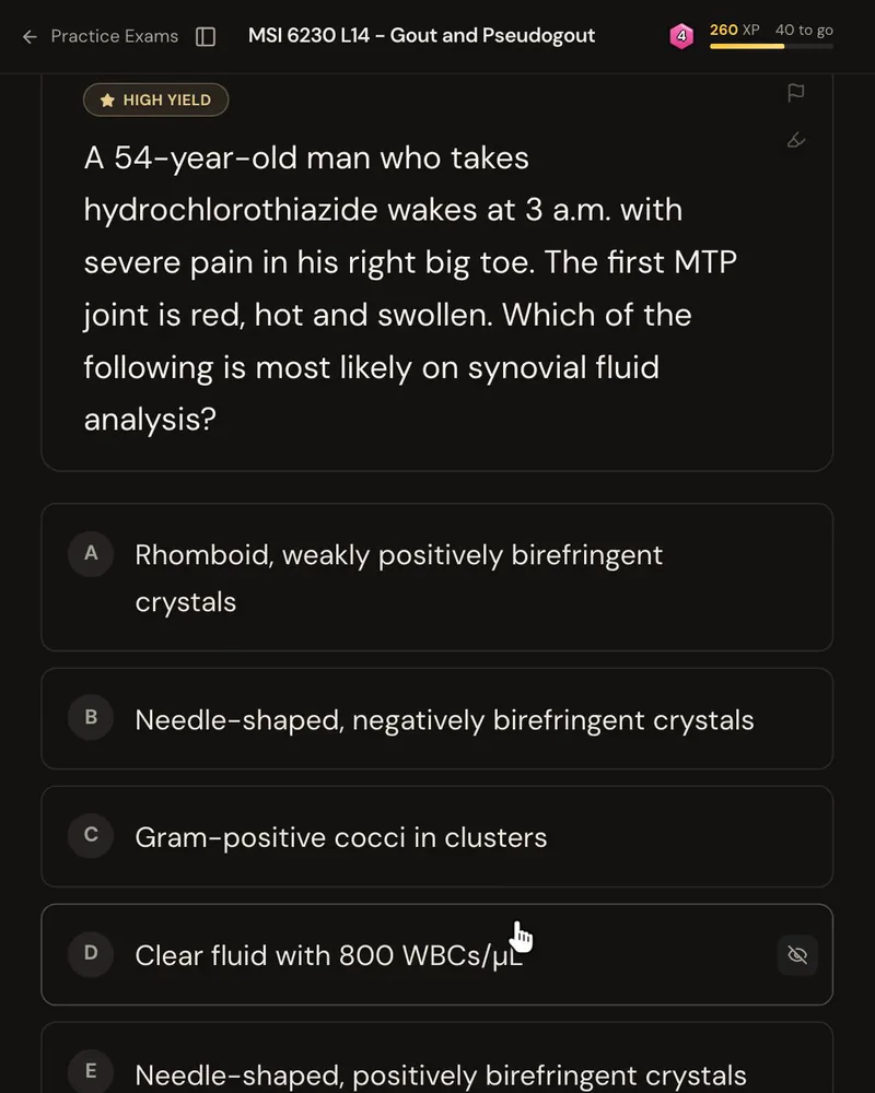 A USMLE-style vignette: a 54-year-old man taking hydrochlorothiazide wakes at 3 a.m. with a red, hot, swollen first MTP joint, asking which synovial fluid finding is most likely, with five answer options
