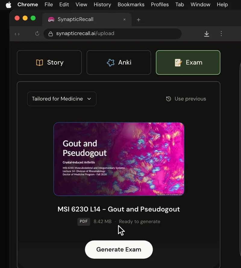 The upload page tailored for Medicine, with a lecture PDF dropped in and the Exam selected
