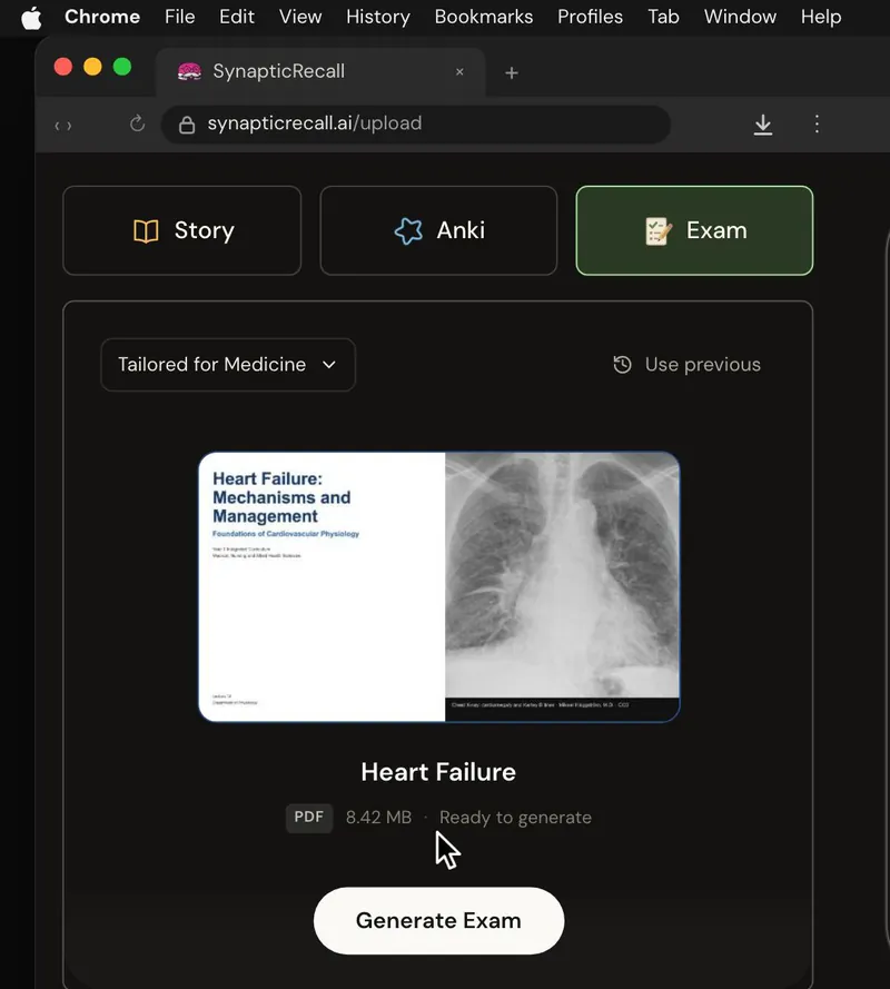 The upload page tailored for Medicine, with a lecture PDF dropped in and the Exam selected